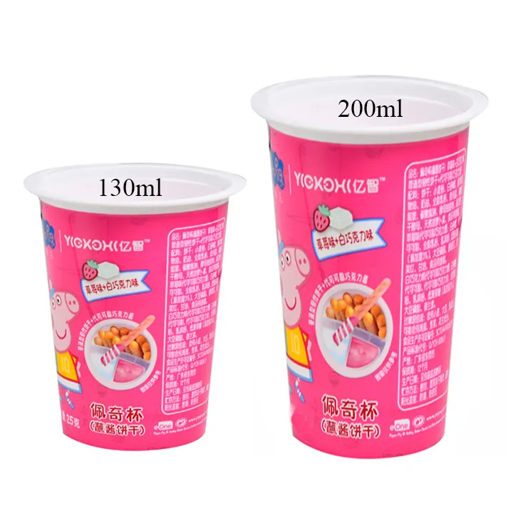 PP 130 ml 200 ml kunststoff benutzerdefiniertes logo IML in form etikett joghurt milchbad finger keks becher kunststoff mit tauchfunktion