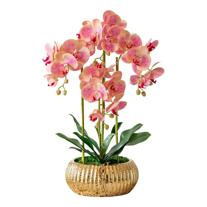 Planta artificial da orquídea floresce o arranjo no potenciômetro cerâmico Orquídea branca do falso com orquídeas realísticas do vaso do ouro para a decoração home