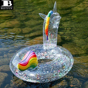 anpassbar pvc regenbogen funkelnde aufblasbare einhorn <span class=keywords><strong>pool</strong></span> schwimmen rohr schwimmen glitter wasser party schwimmen ring schwimmen für kinder