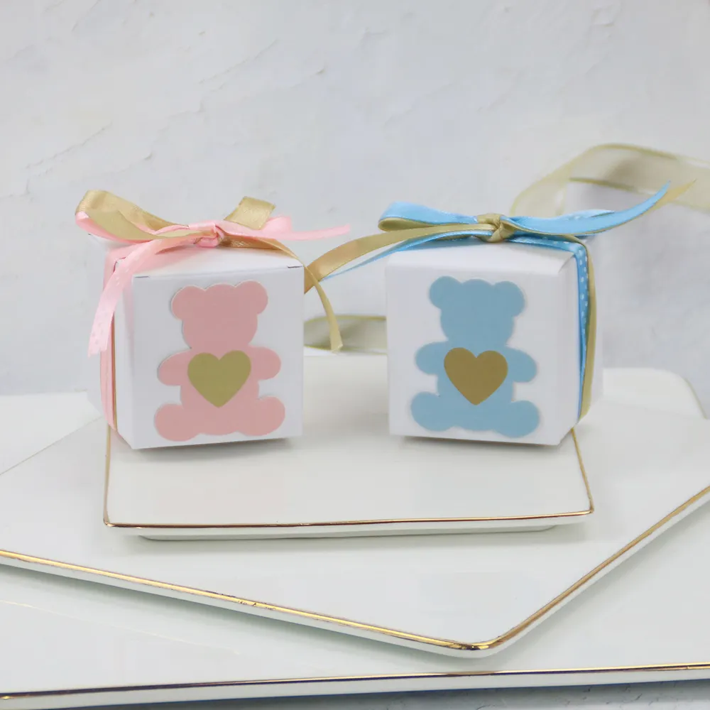 Caja de papel Kraft con patrón de oso para regalos de Baby Shower, regalos de boda para invitados, caja de embalaje de Chocolate de caramelo