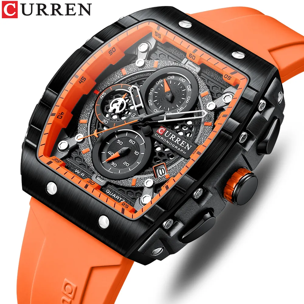 CURREN 8442 Brand Mens Tonneau Shape Watch cronografo Auto Date Display uomo Sport Watch 3A orologio di lusso di qualità