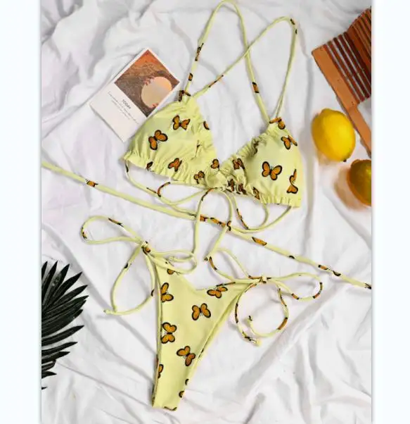 Women Ribbed Triangle Bikini Set 2 Piece Crinkle Swimwear High Waist Bathing Suit Thong Bikini