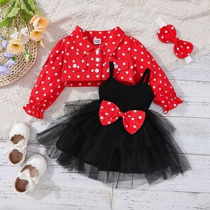 2024 Fall Baby Clothes Infant Set Polka Dots Coat Jacket Sleeveless Princess Mesh Dress Headband 3Pcs <strong>Little</strong> Girls Outfit