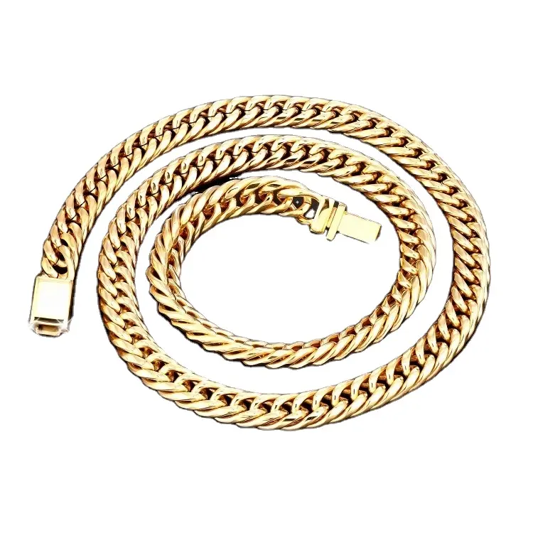 Cadena de eslabones cubanos de acero inoxidable para hombre, cadena de oro de 24k, doble curva, resistente, venta al por mayor