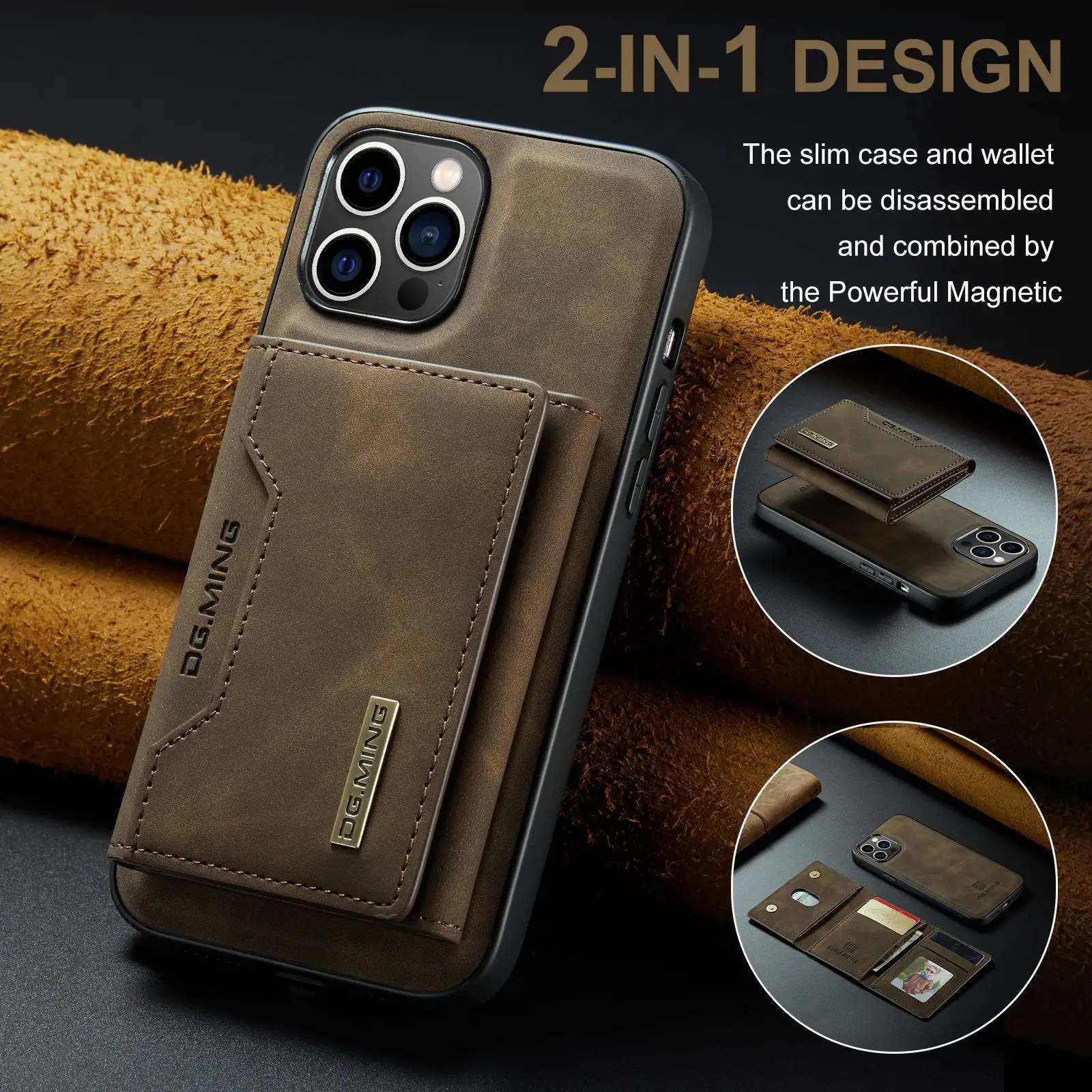 LeYi 비즈니스 가죽 지갑 케이스 카드 홀더 분리형 디자인 iPhone 15 Pro Max용 마그네틱 코크