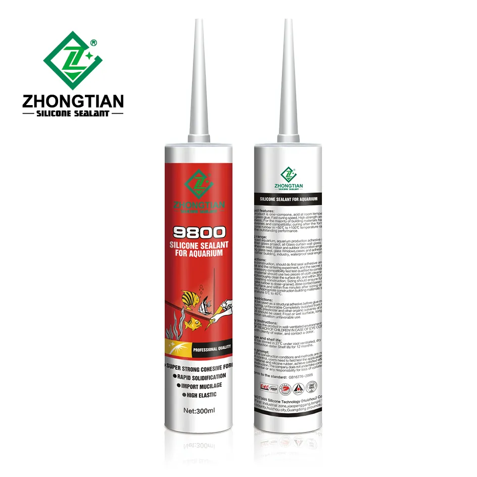 ZHONGTIAN9800耐候性極温度酸性ガラス透明高弾性シリコンシーラント液体ガラス接着剤9ヶ月