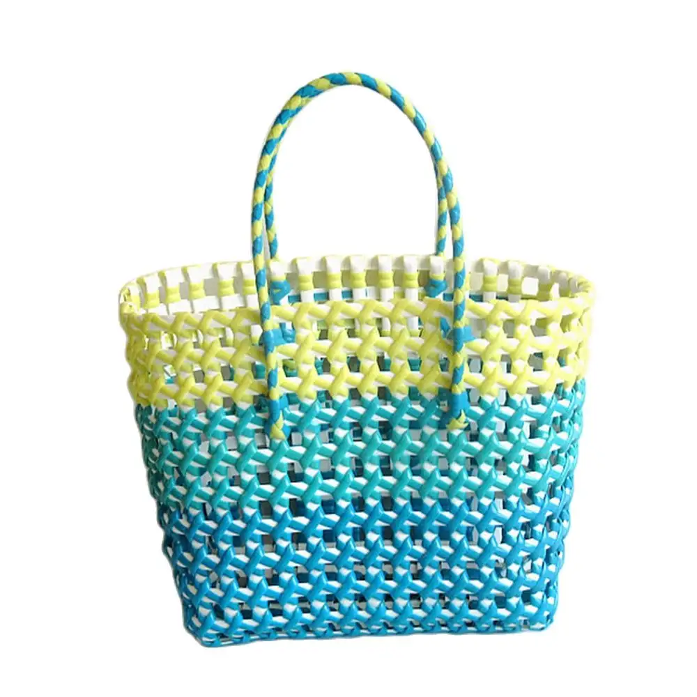 New hollow woven portable basket summer beach travel plastic handmade women girls straw bag holiday pp woven basket