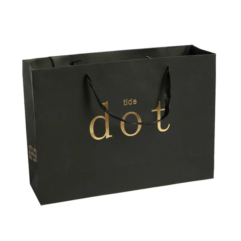 Büyük özel altın folyo mat siyah kağıt alışveriş çantası Logo ile