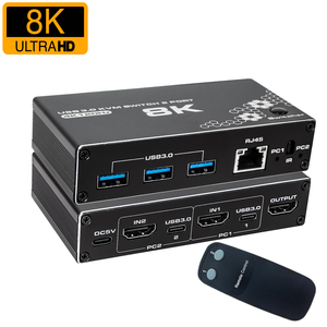 Conmutador KVM 8K HDMI 2 en 1 salida 2x1 conmutador USB 3,0 conmutador KVM compatible con RJ45 Ethernet 8K @ 30Hz, 4K para teclado de monitor de ordenador
