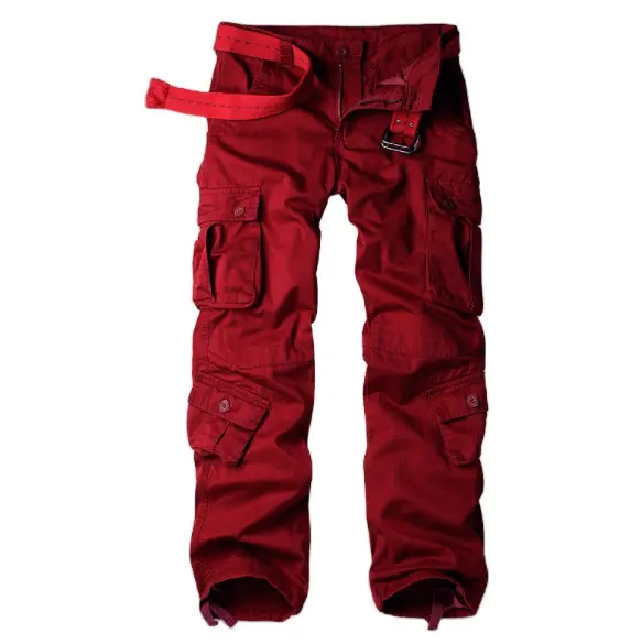 Moda yıkanmış kırmızı saf pamuk artı boyutu iş taktik kamuflaj pantolon gevşek rahat kargo pantolon erkekler için