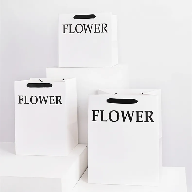 Square white paper flower bouquet floral packaging carry carrier gift paper bag for flowers packaging with ribbon handle black