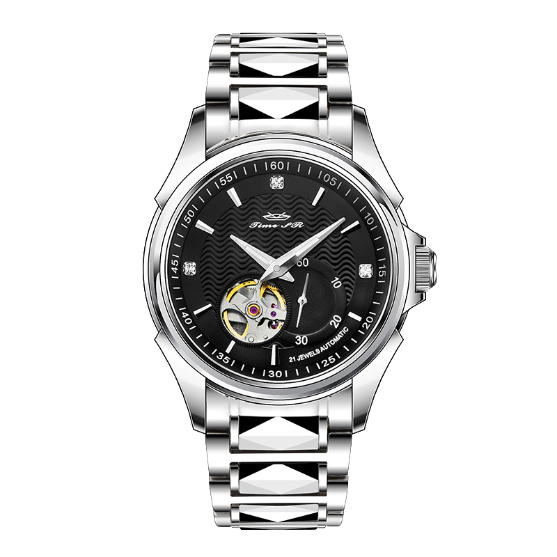 Cadran noir, boîtier argenté, bracelet en acier