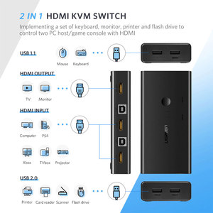 Ugreen Hdr Kvm交换机2端口4k Usb交换机Kvm Vga切换器分路器盒，用于共享打印机键盘鼠标Kvm交换机Hdr + Vga