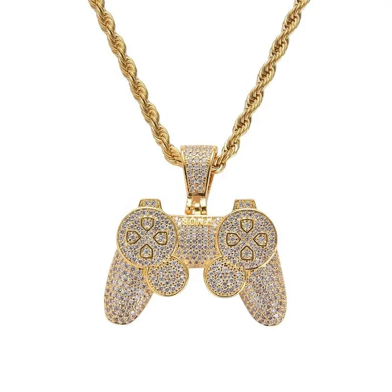 Hip hop twist chain real gold plating brass with zircon video game controller pendant necklace