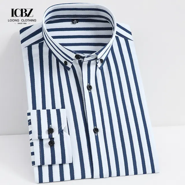 Camisa masculina social de fibra de poliéster, roupas casuais para homens, slim, com elástico, manga comprida, camisa listrada