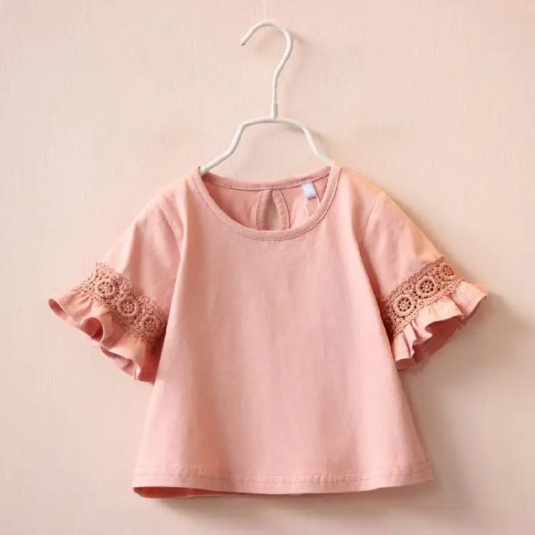 Camiseta de manga con volantes de encaje para niñas pequeñas, Tops de estilo princesa, ropa para niñas, blusa para niños, camisetas blancas y rosas