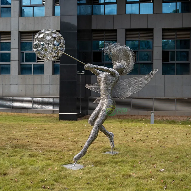 Estatua DE ARTE grande para jardín al aire libre, estatua de alambre de Metal moderna, esculturas decorativas abstractas de diente de león de Hada, esculturas de acero inoxidable