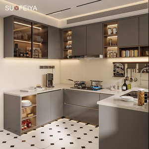 Suofeiya Custom moderno U-Design Set di mobili da cucina intero grigio lucido lacca MDF porta in vetro carcassa con accessori per rubinetto