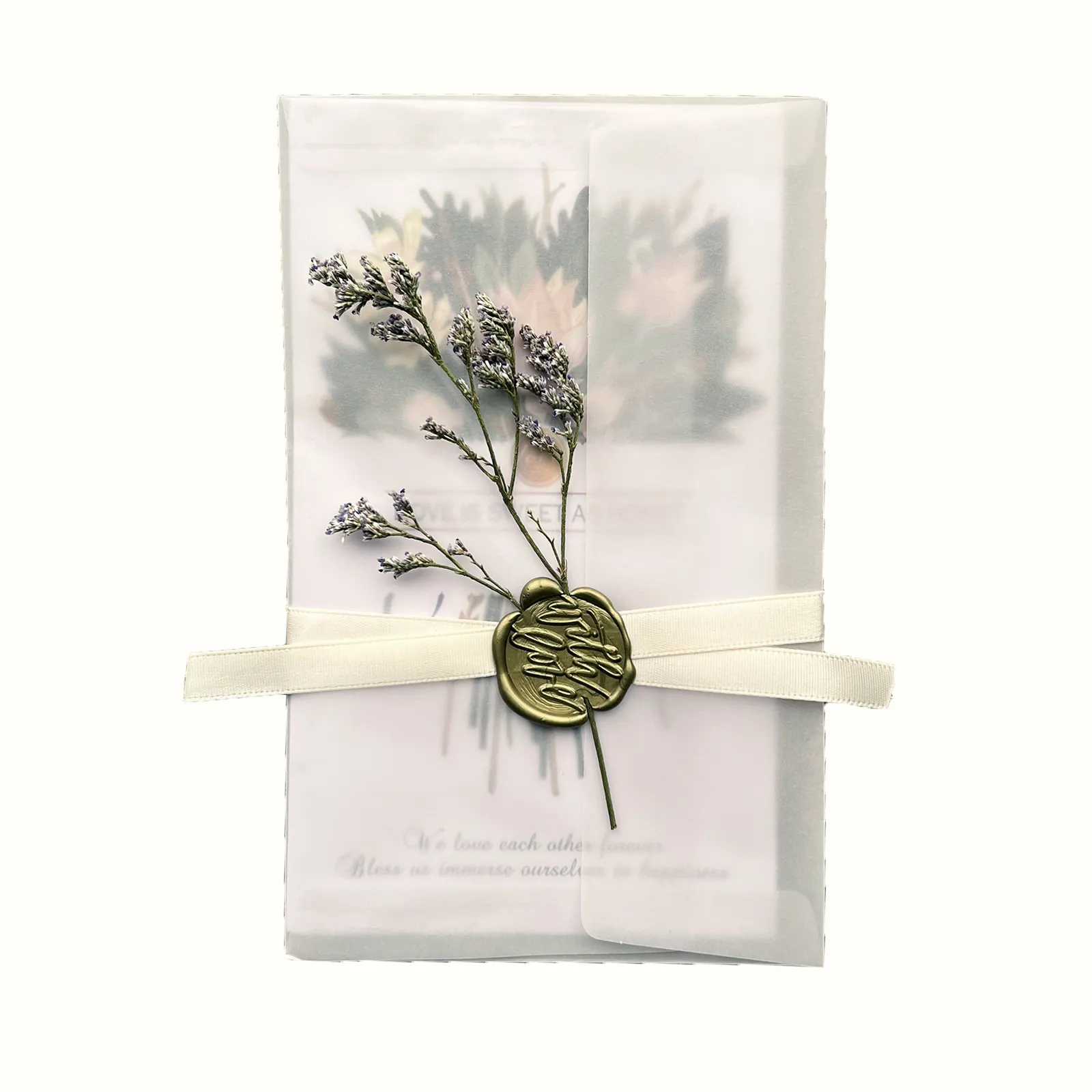 कागज शादी के निमंत्रण कार्ड मुद्रण कस्टम कार्ड के साथ पारदर्शी चर्मपत्र आवरण मुहर के साथ आवृत फूल