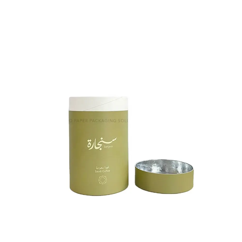 Caja cilíndrica de tubo de papel verde Matcha rígido con logotipo impreso de 500g con tapa y interior recubierto de aluminio para té, café/té/polvo de Coco