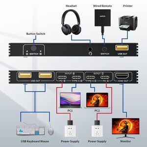Type C <strong>KVM</strong> Switcher 2x1 4K 60Hz USB-C to HDMI USB <strong>KVM</strong> <strong>Switch</strong> <strong>2</strong> in <strong>1</strong> Out Support PD Charging for <strong>2</strong> Computer Share Mouse Keyboard
