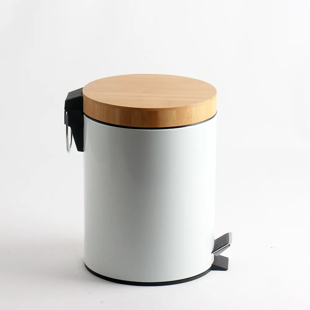 Lixeira de ferro com tampa de bambu para banheiro, 5L, ecologicamente correta, redonda, com logotipo personalizado, lixeira para reciclagem