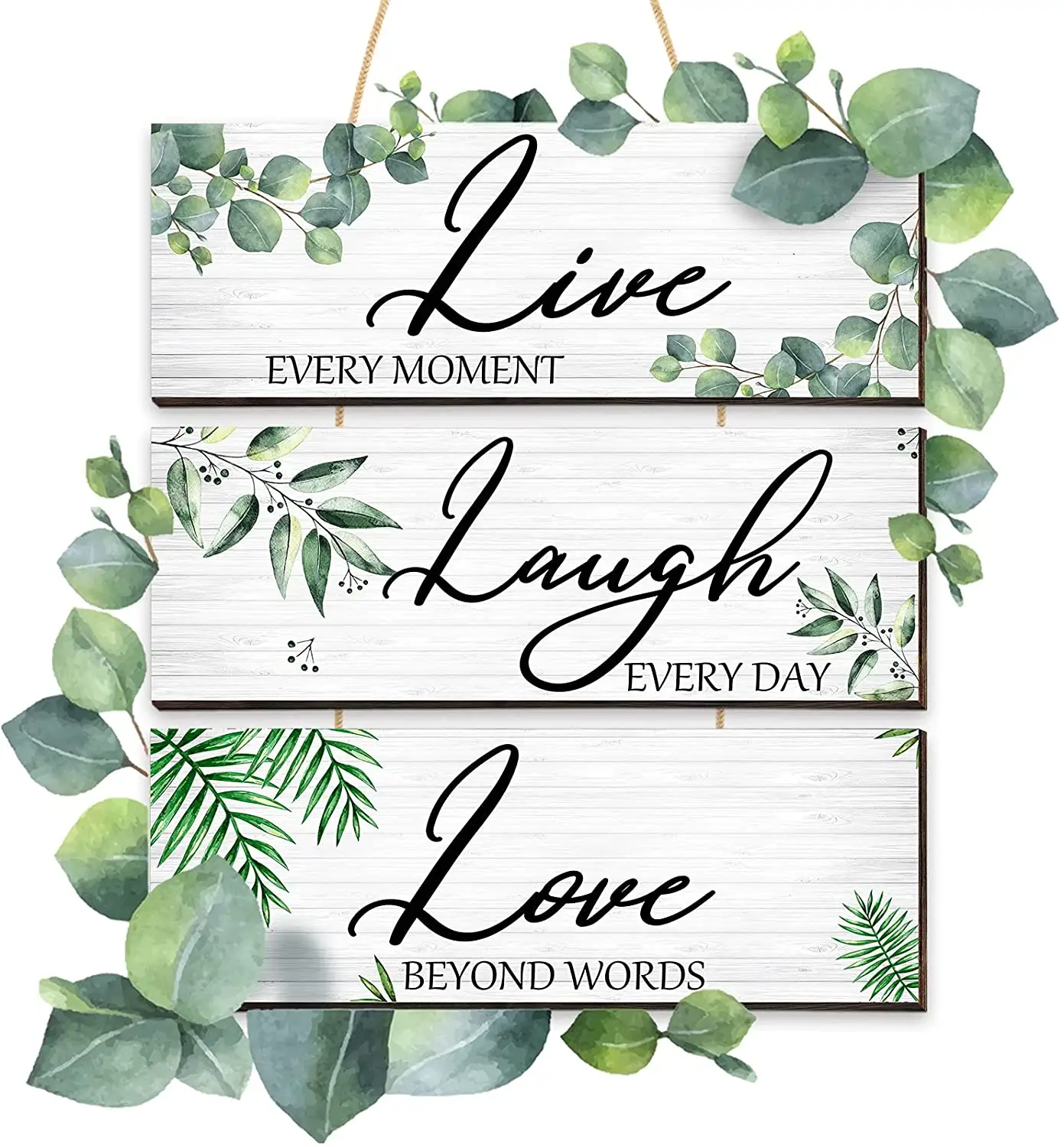 Señal de hojas botánicas para familia, señal de madera de 3 piezas con frase Live Laugh Love
