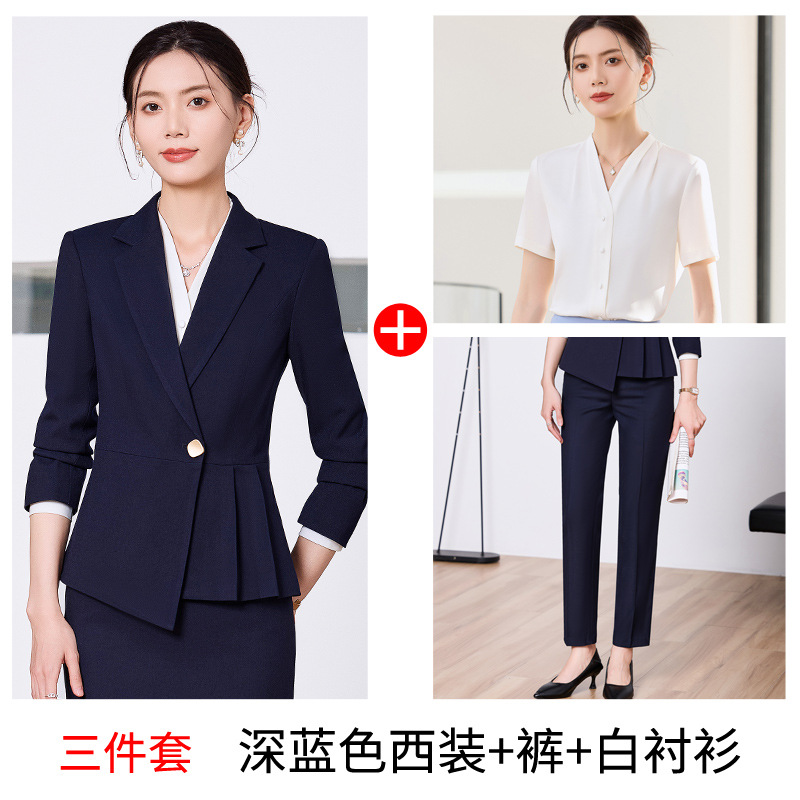 Three-piece suit: dark blue suit pants and white shirt