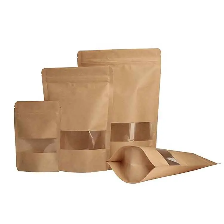 Sacos de papel para embalagem com janela, saco de papel selado com ziplock com suporte de janela, grande bolsa de armazenamento de alimentos