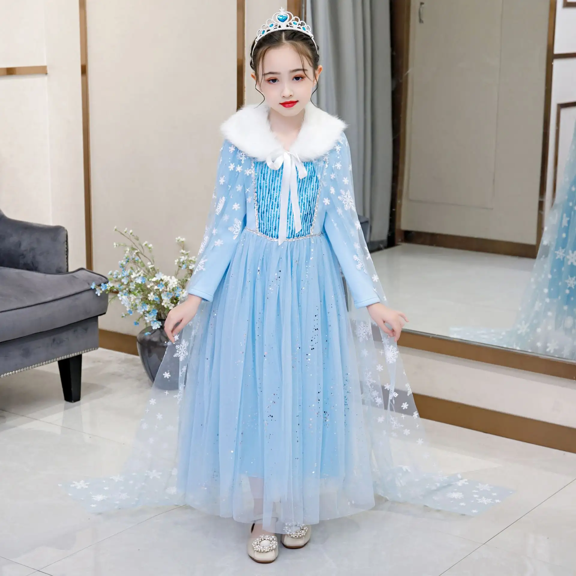 USD 5 a buon mercato principessa festa di compleanno vestito blu paillettes fantasia manica lunga Costume Cosplay invernale