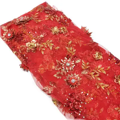 Telas de encaje francés para vestido de novia, bordado de lentejuelas, piedra brillante, rojo, hecho a mano
