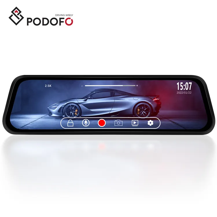 Podofo 9.66 ''IPS LCD Touch Screen 2.5K HD Night Vision Dash Cam Dual Lens specchietto retrovisore anteriore e posteriore DVR per auto + telecamera per retromarcia