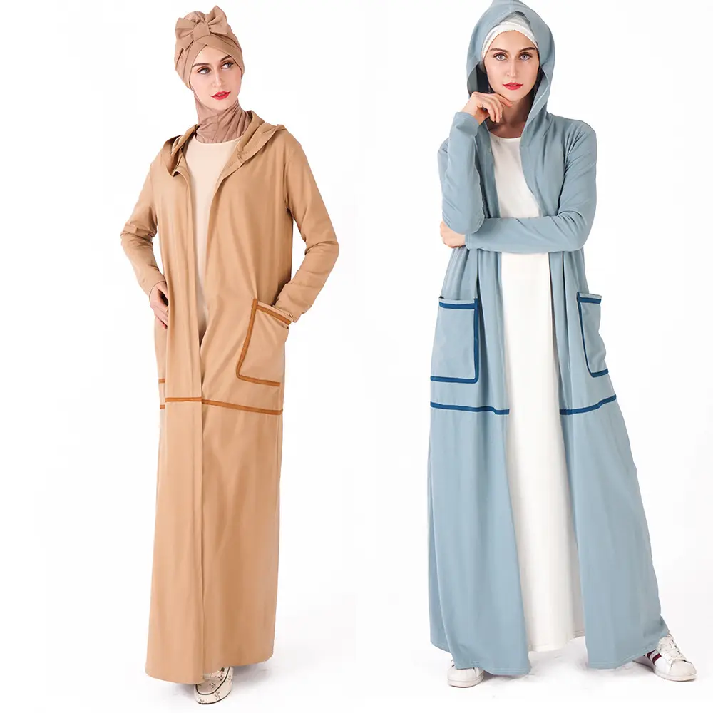 2019 Mode Katoen Islamitische Kimono Front Open Abaya Moslim Vrouw Hooded Sport Abaya Met Zakken