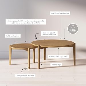 AJUNION, juego de mesa de centro anidada redonda, mesas de acento para sala de estar de estilo de mediados de siglo, mesa de centro redonda de madera maciza con apilable - Product Image 3