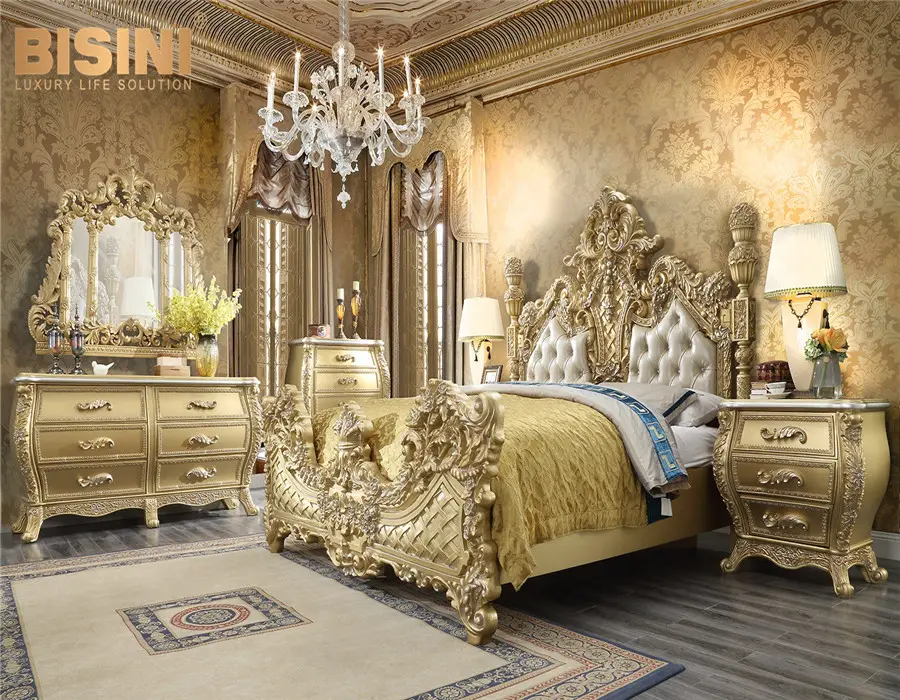 Ensemble de chambre à coucher en laiton doré de luxe, Style Rococo français, Louis XV Royal 24K, lit Double doré, porcelaine classique Antique