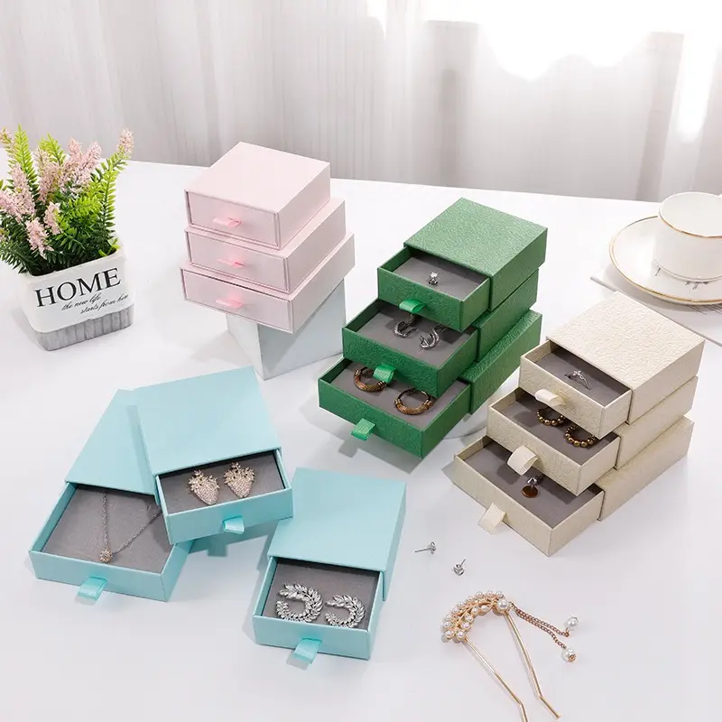 Cajón de papel especial Caja de embalaje de joyería Pendientes Anillos Caja de almacenamiento de regalo texturizada con inserto gris