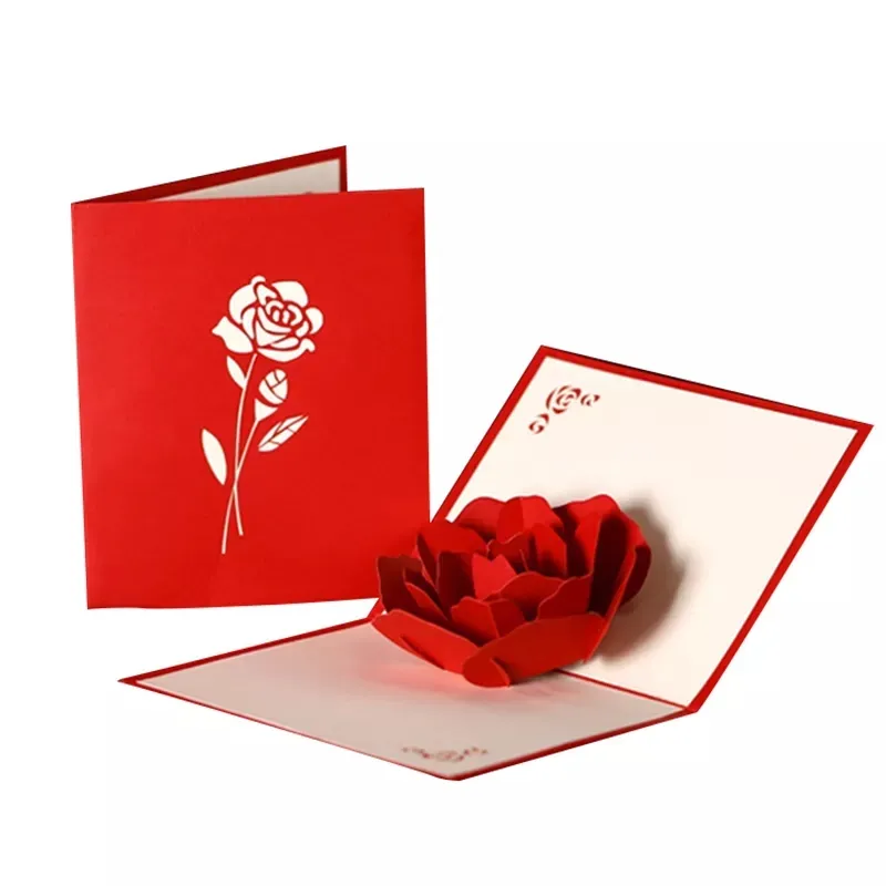 Papel flor 3d pop up cartões de visita, vermelho rosa do casamento corte a laser cartão de convite