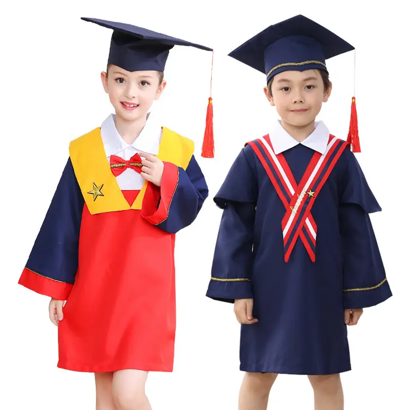 Vestido de graduación de escuela primaria de jardín de infantes Vestido de soltero Foto de graduación de NIÑOS 2 juegos de ropa y sombreros