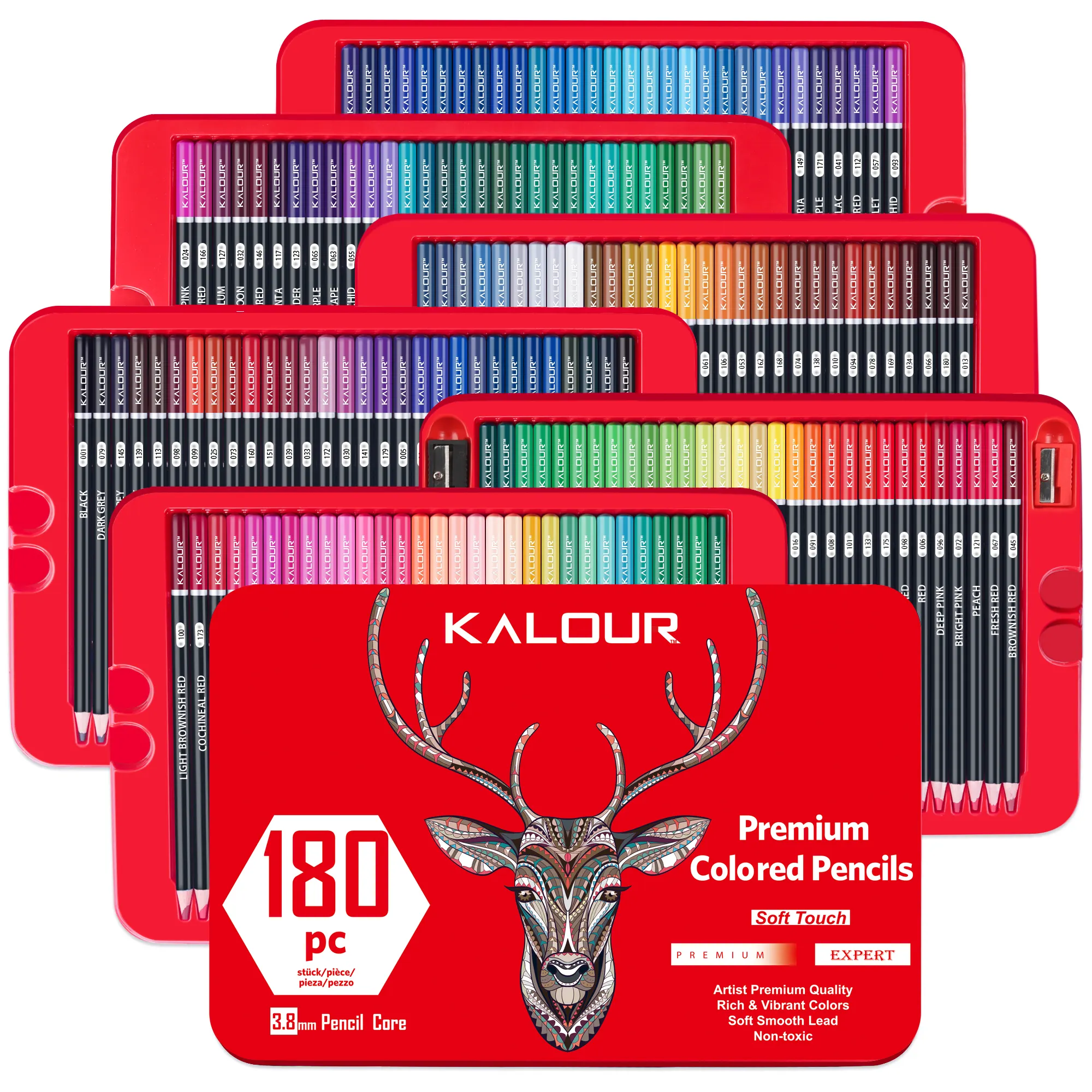 KALOUR Set pensil warna 3.8mm, berbahan minyak Premium inti lembut 180 warna dalam kotak timah