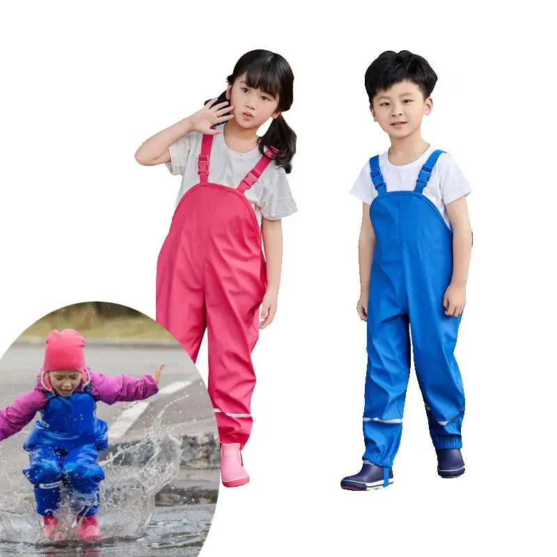 Combinaison de pluie imperméable à l'eau à coquille souple Combinaison de pluie à bretelles Salopette robuste Pantalon pour enfants Imperméable pour enfants