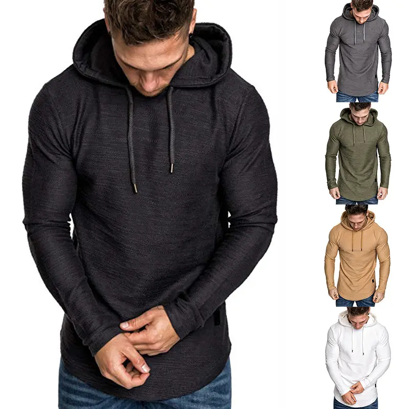 थोक फैशन उच्च गुणवत्ता एथलेटिक पतली 100 और कपास Mens घुमावदार हेम Hoodies खेल पसीने ठोस रंग स्लिम फिट स्वेटर hoody