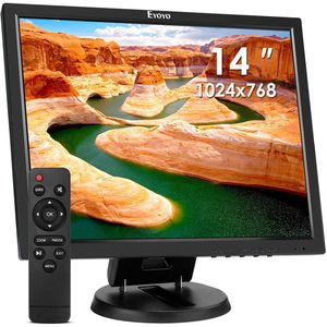 Eyoyo 14 Polegada <span class=keywords><strong>LCD</strong></span> para <span class=keywords><strong>Monitor</strong></span> HDMI 75Hz Taxa de Atualização 1024x768 Pequeno Display VGA Câmeras De Segurança Com Entrada HDMI/VGA/<span class=keywords><strong>AV</strong></span>/BNC