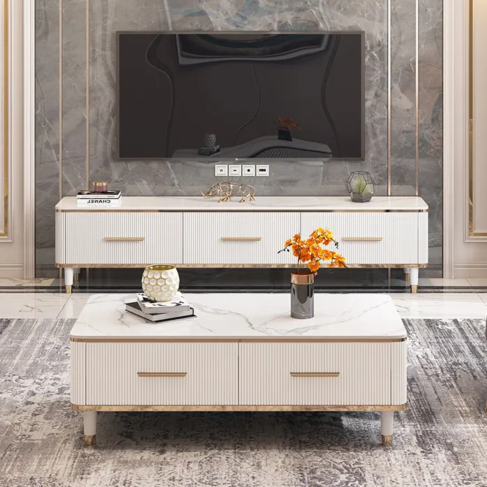 Mueble minimalista de lujo para sala de estar, conjunto de TV, armario con chimenea con cajón