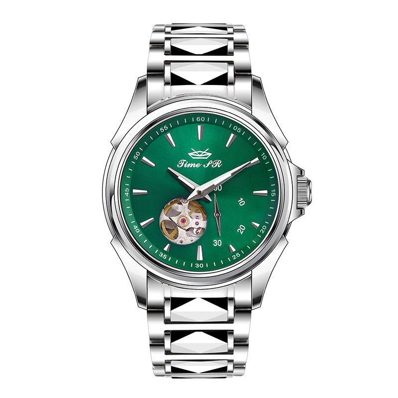 Cadran vert, boîtier argenté, bracelet en acier