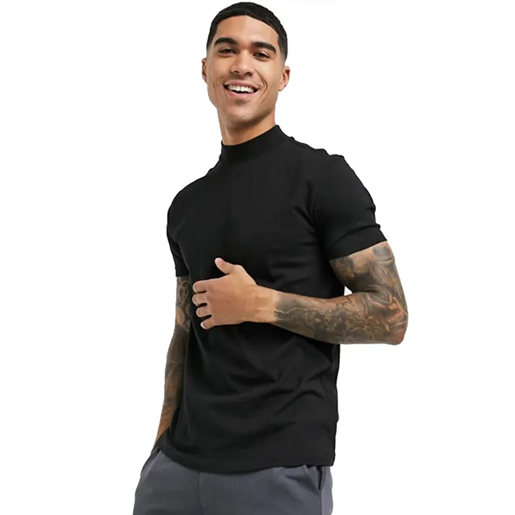 Wholesale Custom Men's Slim Fitted Short Sleeve 95% Cotton 5% Elastane Blank Turtle Neck T Shirts For Men