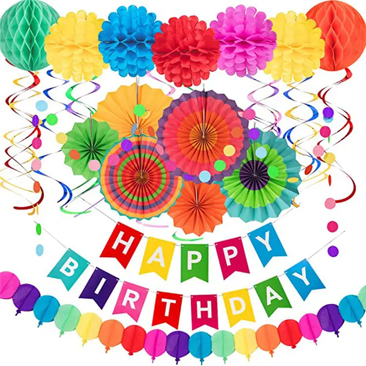 Decorazioni di compleanno colorate ventagli di carta appesi Swirl pois String Pom Poms Flowers Happy Birthday Banner