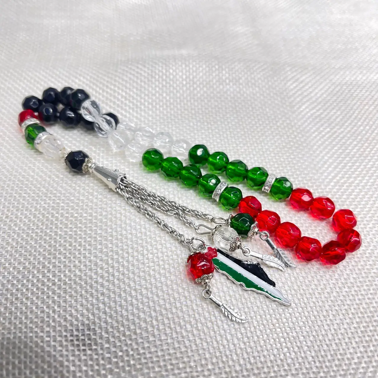 Tasbih-abalorio de la bandera musulmana de Israel, cuentas de cristal islámicas, 33 cuentas de corario