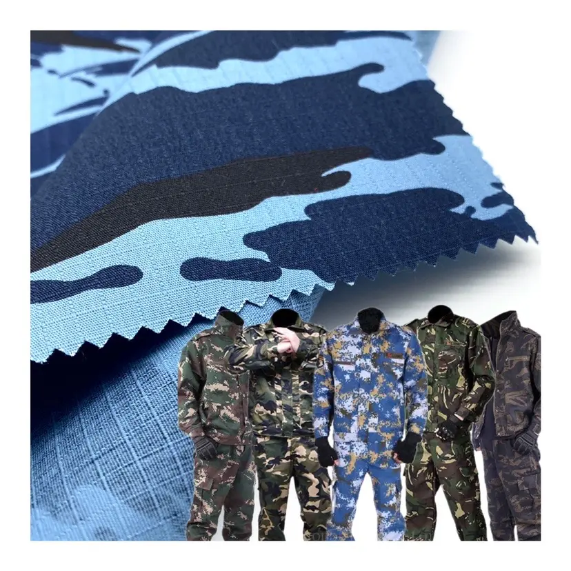 Tissu Ripstop camo bleu foncé imprimé en coton polyester pour vêtements de travail tactiques extérieurs