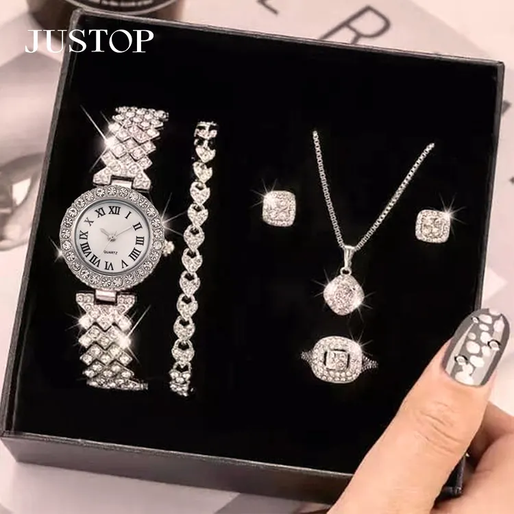 Conjunto de reloj de cuarzo de diamante completo de lujo a la moda, collar de cristal brillante, conjunto de pendientes, joyería para mujer, conjuntos de joyería de moda