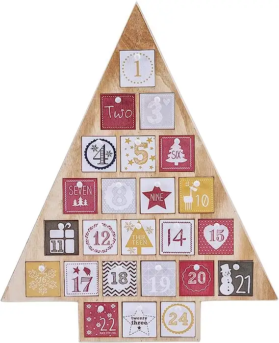 Calendario de Adviento con forma de árbol de madera de 15 "de altura para niños Calendario con 24 cajones de almacenamiento CALENDARIO DE Adviento de Navidad madera